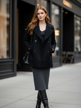 Peacoat in lana accoppiata con cappuccio  nero 