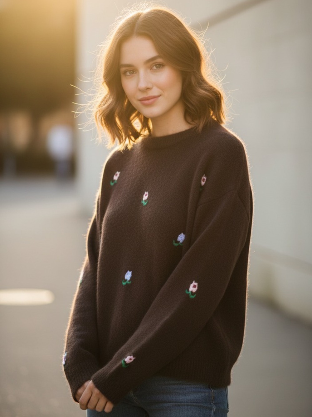 MAGLIONCINO CIOCCOLATO  CON I FIORELLINI 